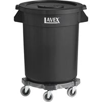 Lavex 20 Gallon Black Round Commercial Trash Can with Lid and Dolly