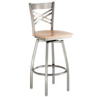 Lancaster Table & Seating Clear Coat Finish Cross Back Swivel Bar Stool with Natural Wood Seat