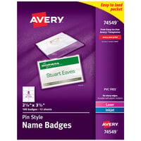 Avery® 74549 3 1/2" x 2 1/4" White Landscape Printable Pin Style Name Badge with Flexible Holder - 100/Box