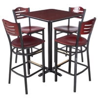 Lancaster Table & Seating 30" x 30" Reversible Cherry / Black Bar Height Dining Set with Mahogany Bistro Chair and Wood Seat