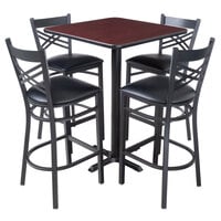 Lancaster Table & Seating 30 inch x 30 inch Reversible Cherry / Black Bar Height Dining Set with Black Cross Back Chair and Padded Seat