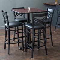 Lancaster Table & Seating 30 inch x 30 inch Reversible Cherry / Black Bar Height Dining Set with Black Cross Back Chair and Padded Seat