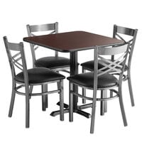Lancaster Table & Seating 30 inch x 30 inch Reversible Cherry / Black Standard Height Dining Set with Clear Coat Steel Cross Back Chair and Padded Seat