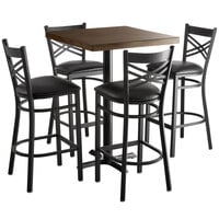 Lancaster Table & Seating 30" Square Wood Butcher Block Bar Height Table with 4 Black Cross Back Chairs - Espresso