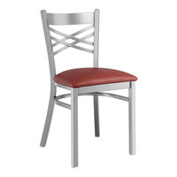 Lancaster Table & Seating Clear Coat Finish Cross Back Chair with 2 1/2" Burgundy Vinyl Padded Seat - Assembled
