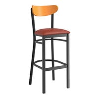 Lancaster Table & Seating Boomerang Series Black Finish Bar Stool with Burgundy Vinyl Seat and Cherry Wood Back