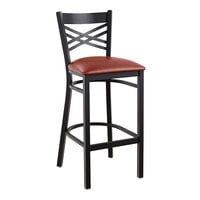 Lancaster Table & Seating Black Finish Cross Back Bar Stool with 2 1/2" Burgundy Vinyl Padded Seat - Detached