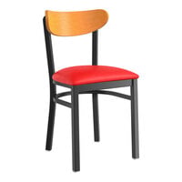 Lancaster Table & Seating Boomerang Series Black Finish Chair with Red Vinyl Seat and Cherry Wood Back