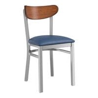Lancaster Table & Seating Boomerang Series Clear Coat Finish Chair with Navy Vinyl Seat and Antique Walnut Wood Back