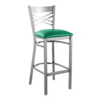 Lancaster Table & Seating Clear Coat Finish Cross Back Bar Stool with 2 1/2" Green Vinyl Padded Seat - Detached