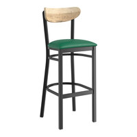 Lancaster Table & Seating Boomerang Series Black Finish Bar Stool with Green Vinyl Seat and Driftwood Back