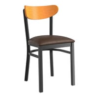 Lancaster Table & Seating Boomerang Series Black Finish Chair with Dark Brown Vinyl Seat and Cherry Wood Back
