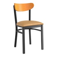 Lancaster Table & Seating Boomerang Series Black Finish Chair with Light Brown Vinyl Seat and Cherry Wood Back