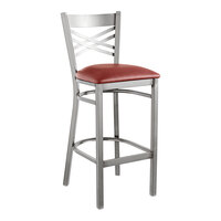 Lancaster Table & Seating Clear Coat Finish Cross Back Bar Stool with 2 1/2" Burgundy Vinyl Padded Seat - Assembled