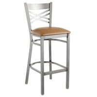 Lancaster Table & Seating Clear Coat Finish Cross Back Bar Stool with 2 1/2" Light Brown Vinyl Padded Seat - Detached
