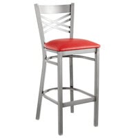 Lancaster Table & Seating Clear Coat Finish Cross Back Bar Stool with 2 1/2" Red Vinyl Padded Seat - Detached
