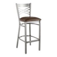 Lancaster Table & Seating Clear Coat Finish Cross Back Bar Stool with 2 1/2" Dark Brown Vinyl Padded Seat - Detached