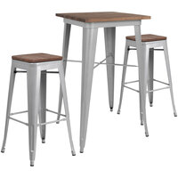 Flash Furniture CH-WD-TBCH-3-GG 23 1/2" Square Rustic Galvanized Steel and Wood Bar Height Table with 2 Backless Stools