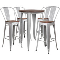 Flash Furniture CH-WD-TBCH-11-GG 30" Round Rustic Galvanized Steel and Wood Bar Height Table with 4 Barstools