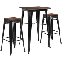 Flash Furniture CH-WD-TBCH-17-GG 23 1/2" Square Black Rustic Galvanized Steel and Wood Bar Height Table with 2 Backless Stools