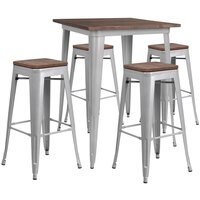 Flash Furniture CH-WD-TBCH-6-GG 31 1/2" Square Rustic Galvanized Steel and Wood Bar Height Table with 4 Backless Stools