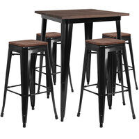 Flash Furniture CH-WD-TBCH-20-GG 31 1/2" Square Black Rustic Galvanized Steel and Wood Bar Height Table with 4 Backless Stools