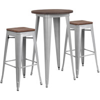 Flash Furniture CH-WD-TBCH-9-GG 24" Round Rustic Galvanized Steel and Wood Bar Height Table with 2 Backless Stools