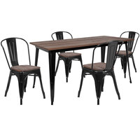 Flash Furniture CH-WD-TBCH-27-GG 30 1/4" x 60" Black Rustic Galvanized Steel and Wood Table with 4 Stacking Chairs
