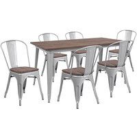 Flash Furniture CH-WD-TBCH-14-GG 30 1/4" x 60" Rustic Galvanized Steel and Wood Table with 6 Stacking Chairs