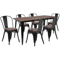 Flash Furniture CH-WD-TBCH-28-GG 30 1/4" x 60" Black Rustic Galvanized Steel and Wood Table with 6 Stacking Chairs