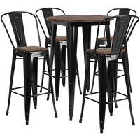Flash Furniture CH-WD-TBCH-25-GG 30" Round Black Rustic Galvanized Steel and Wood Bar Height Table with 4 Barstools