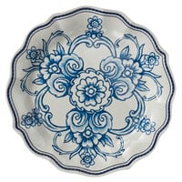 American Metalcraft BLUP8 Isabella 9" Round White / Blue Floral Melamine Plate with Scalloped Rim