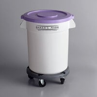 Baker's Lane 20 Gallon / 320 Cup White Round Mobile Ingredient Storage Bin with Purple Allergen-Free Lid and Gray Dolly
