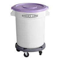 Baker's Lane 20 Gallon / 320 Cup White Round Mobile Ingredient Storage Bin with Purple Allergen-Free Lid and Gray Dolly