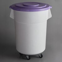 Baker's Lane Allergen-Free 55 Gallon / 880 Cup White Round Mobile Ingredient Storage Bin with Purple Snap-On Lid and Gray Dolly