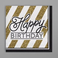 Creative Converting 317546 Black and Gold "Happy Birthday" 2-Ply Dinner Napkin - 192/Case