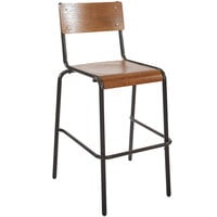 BFM Seating Nash Stackable Barstool with Sand Black Steel Frame and Autumn Ash Veneer Wood Seat and Back