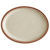 Libbey DSD-12 Desert Sand 9 1/2" x 7 1/2" Brown Speckle Ivory (American White) Narrow Rim Stoneware Platter with Brown Bands - 24/Case