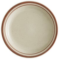 Libbey DSD-7 Desert Sand 7 1/4" Brown Speckle Ivory (American White) Narrow Rim Stoneware Plate with Brown Bands - 36/Case