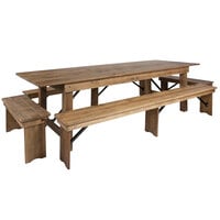 Flash Furniture XA-FARM-7-GG Hercules 40" x 108" x 30" Antique Rustic Solid Pine Folding Farm Table with Four Benches