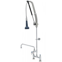T&S B-0123-12-CRB8P 45 3/16" High Deck Mounted DuraPull Pre-Rinse Faucet 8" Adjustable Centers, 30" Hose, 1.07 GPM Spray Valve, 12" Add-On Faucet, and Wall Bracket