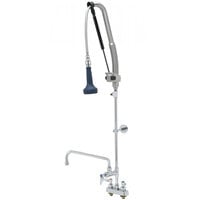 T&S B-5110-12CRB8TP 47 3/16" High Deck Mounted DuraPull Pre-Rinse Faucet 4" Workboard Centers, 30" Hose, 1.07 GPM Spray Valve, 12" Add-On Faucet, Accessory Tee, and Wall Bracket
