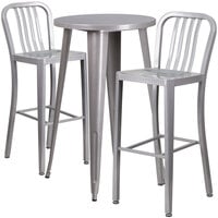 Flash Furniture CH-51080BH-2-30VRT-SIL-GG 24" Round Silver Metal Indoor / Outdoor Bar Height Table with 2 Vertical Slat Back Stools