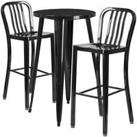 Flash Furniture CH-51080BH-2-30VRT-BK-GG 24" Round Black Metal Indoor / Outdoor Bar Height Table with 2 Vertical Slat Back Stools