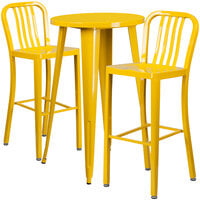 Flash Furniture CH-51080BH-2-30VRT-YL-GG 24" Round Yellow Metal Indoor / Outdoor Bar Height Table with 2 Vertical Slat Back Stools