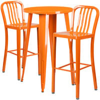 Flash Furniture CH-51080BH-2-30VRT-OR-GG 24" Round Orange Metal Indoor / Outdoor Bar Height Table with 2 Vertical Slat Back Stools