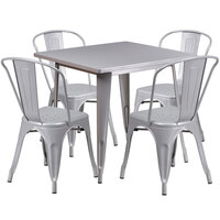 Flash Furniture ET-CT002-4-30-SIL-GG 31 1/2" Square Silver Metal Indoor / Outdoor Table with 4 Cafe Chairs