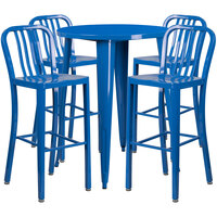 Flash Furniture CH-51090BH-4-30VRT-BL-GG 30" Round Blue Metal Indoor / Outdoor Bar Height Table with 4 Vertical Slat Back Stools