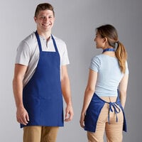 Choice Royal Blue Customizable Poly-Cotton Front of House Bib Apron with 3 Pockets - 25 inch x 28 inch