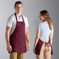 Choice Burgundy Poly-Cotton Front of House Bib Apron with 3 Pockets - 25" x 28"